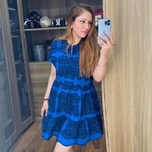 Zara Cobalt Blue Floral Embroidered Boho Mini Dress Baby Doll Tent Dress Medium